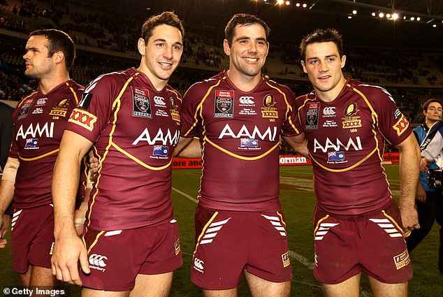 Slater (pictured second from left with teammates Cameron Smith, centre, and Cooper Cronk, right) played 31 games for Queensland during the Maroons' eight-year dominance.