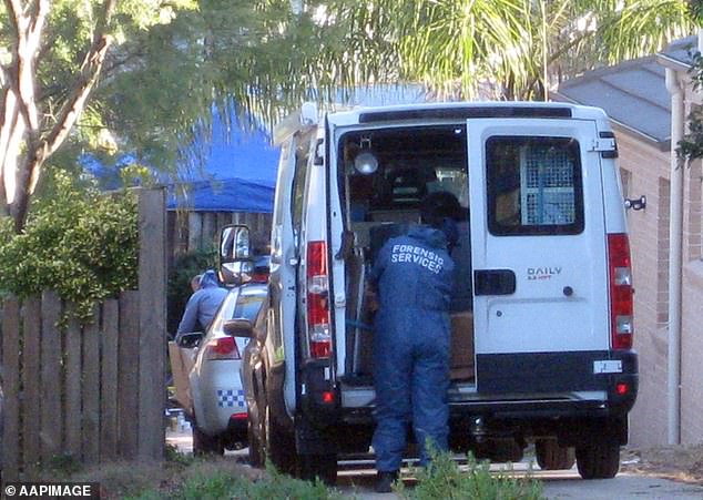 Detectives and forensic police outside Ms Lin's home after the horrific murder of her family.