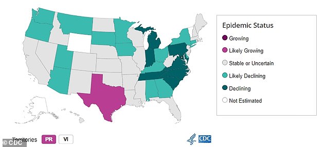 The CDC websites show that as of April 27, infections are likely to increase in two places: Texas and Puerto Rico. However, most of the US showed a decline or is likely to decline in status.