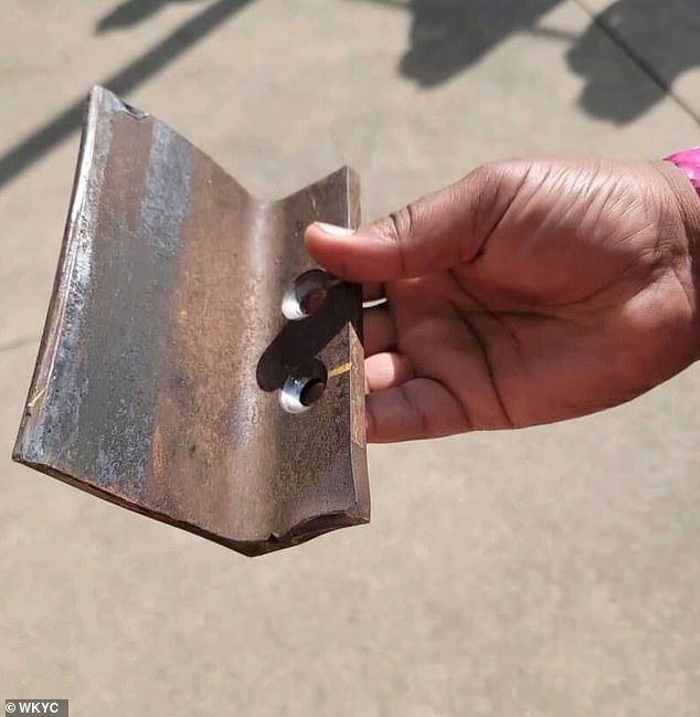 Pictured is the metal bracket that is said to have stuck Hawes during the 2021 incident.