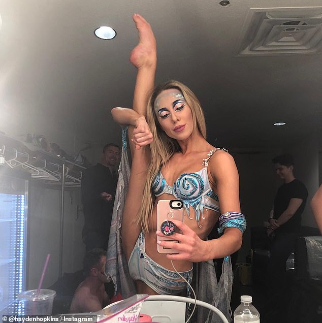 Hopkins has been seen dancing as her Las Vegas character on Jimmy Kimmel Live. Above she shows him in her dressing room getting ready to perform on Kimmel's show.