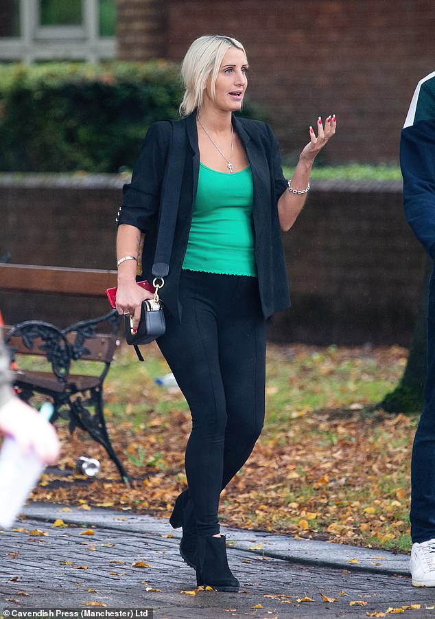 Sarah Rigby pictured outside the court. She would appear with a £400 Marc Jacobs bag which she made him buy at Harrods (pictured)