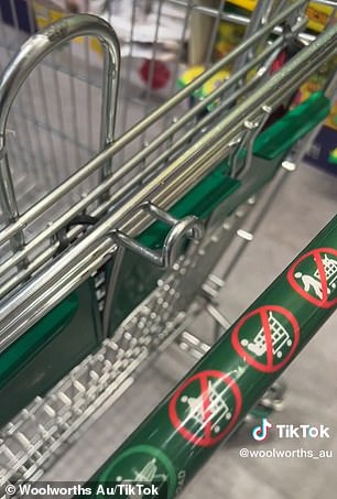 Liam revealed that the easy-to-overlook hook under the handlebars on the back of the stroller (pictured) is designed to hold his hat or green reusable bags from Woolworths.