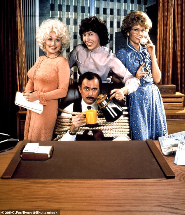 In 1980, Dabney starred in the hit film 9 to 5, about three women, Dolly Parton, Lily Tomlin and Jane Fonda, who live out their fantasy of overthrowing their boss, played by Dabney; seen in a still from the film featuring Dolly, Lily and Jane