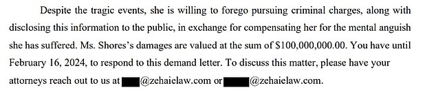 In the alleged letter from Shores' lawyers to Prescott, he gives him the opportunity to pay him $100 million.