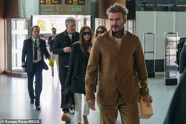 David and Victoria Beckham put on a stylish display as they joined friends Gordon Ramsay and his wife Tana aboard a private jet after a visit to a winery in Spain on Friday.