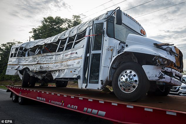 The incident caused the bus to go off the road and through a fence where it overturned, killing eight passengers and injuring 45 others.