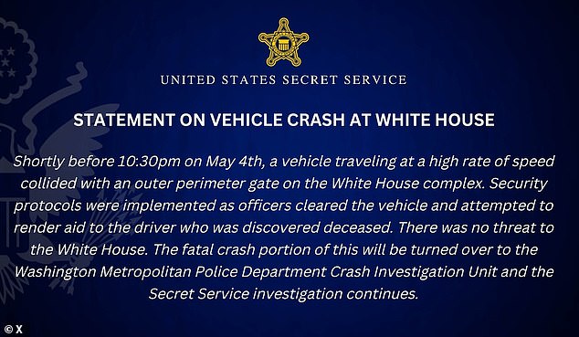 The car crashed into the gates about 1,000 feet from the White House on Pennsylvania Avenue, near the Treasury Department.