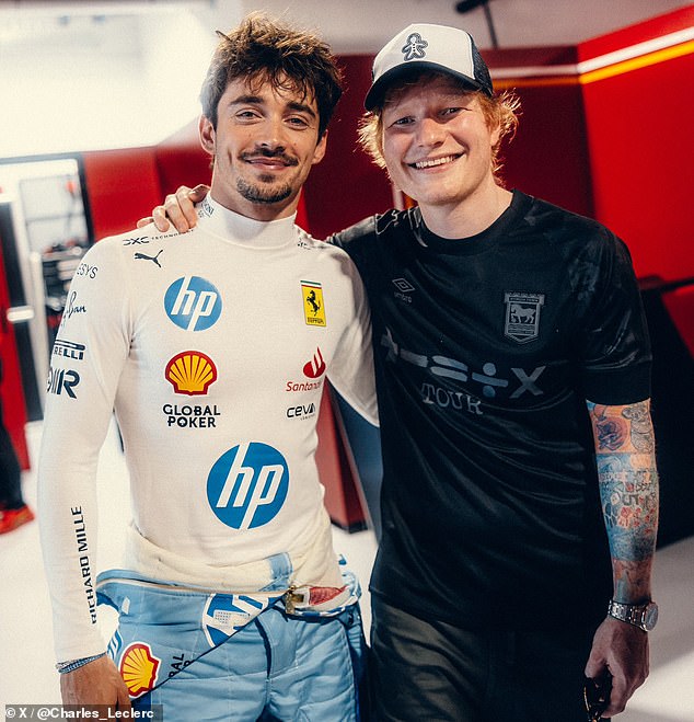 Ed Sheeran and Ferrari driver Charles LeClerc posed for a photo before Sunday's race in Miami.