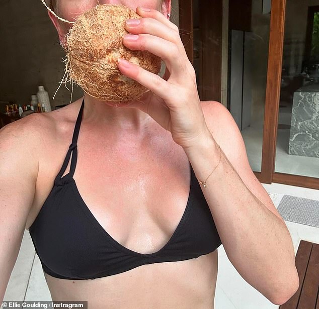 The British pop star, 37, put her fantastic figure on display as she modeled a tiny black bikini that showed off her toned abs and peachy bum.