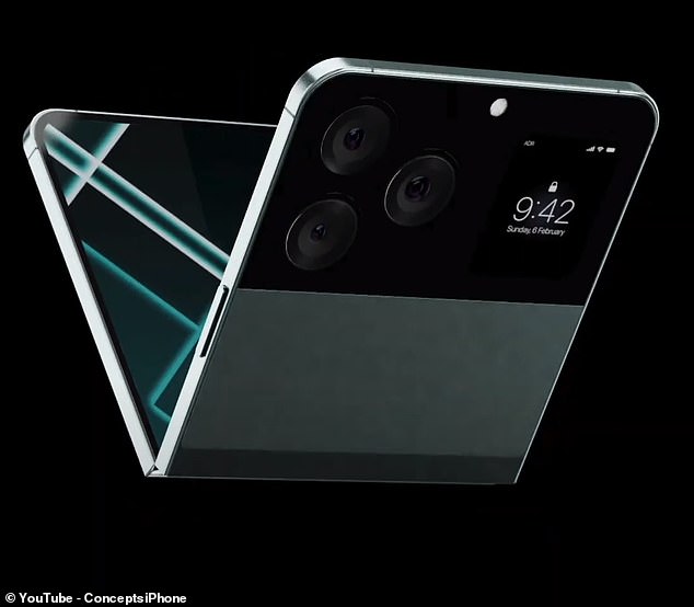 Experts say Apple's long-rumored competitor - Samsung's Galaxy Z, Motorola's Razr Plus and Google's Pixel Fold - now has a working title: the iPhone Flip.  Above, a rendering by YouTuber ConceptsiPhone, who has been experimenting with foldable iPhone designs for years.