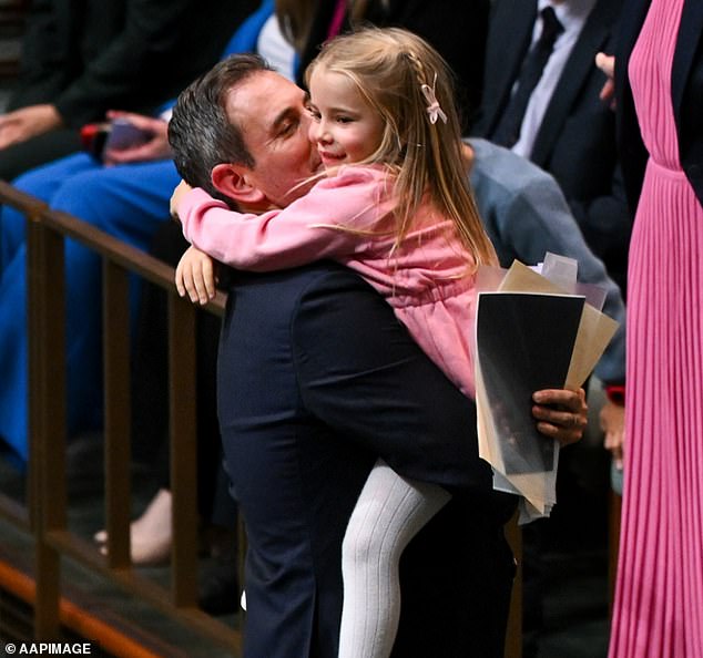 Dr Chalmers (pictured with daughter Annabel) has hinted at incentives for Australians to have more children in the next federal budget in response to the country's declining birth rate.