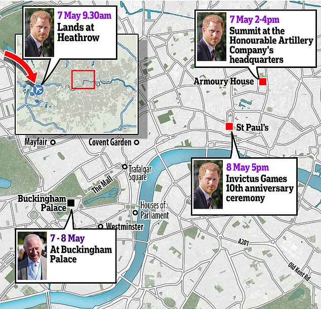 Harry and Charles were two miles apart: one in St Paul's and the other in Buckingham Palace.