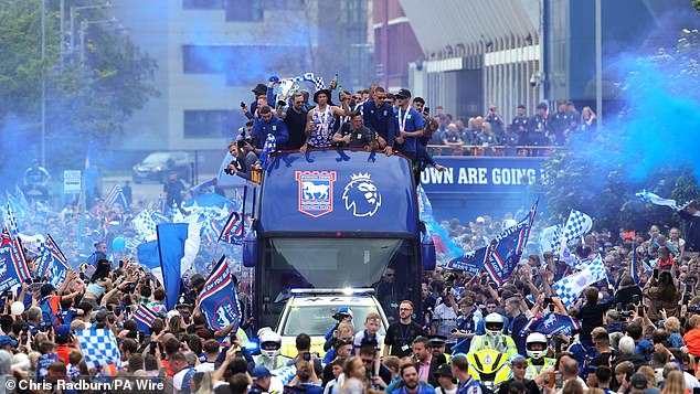 Ipswich Town celebrated promotion to the Premier League with an open-top bus parade