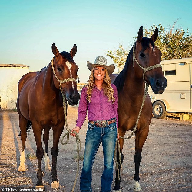 The glamorous equestrian, identified as Taylor, is a barrel racer and used her bra straps around the neck of one of her horses to control it after it escaped.