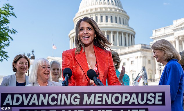 Oscar-winning actress and women's health activist Halle Berry joins senators as they introduce new legislation to boost federal menopause research, on Capitol Hill in Washington, DC, on Thursday.
