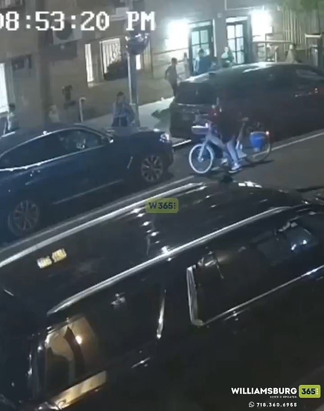 The attacker is seen arriving at the scene on a Citi bike Sunday night in Williamsburg.