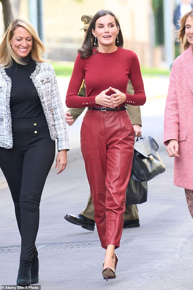 Queen Letizia of Spain has used her Hugo Boss leather pants on three occasions. Above: During an excursion to Barcelona in November 2022