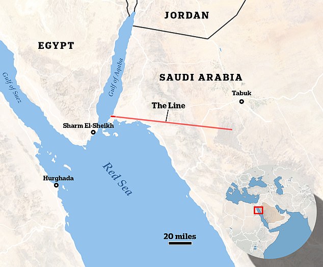 A map shows where The Line would be built and how long it would have lasted. Saudi officials said it would be built in stages and would eventually cover a 106-mile stretch of desert along the Red Sea coast in the western province of Tabuk.