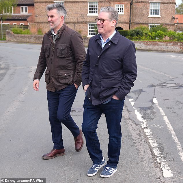 Pictured: Labor leader Sir Keir Starmer wore a pair of £90 Adidas Gazelles to visit a village in North Yorkshire in April 2024.