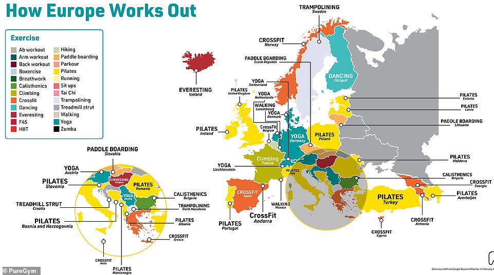 The maps are color-coded to indicate the types of exercise that residents of each country like most, and the results are generated from an analysis of the types of exercise that people search for most on Google.