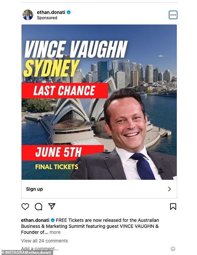 Event presenter Ethan Donati took to Instagram earlier this week with a sponsored post offering free tickets to the June 5 conference session, telling Daily Mail Australia on Wednesday that 