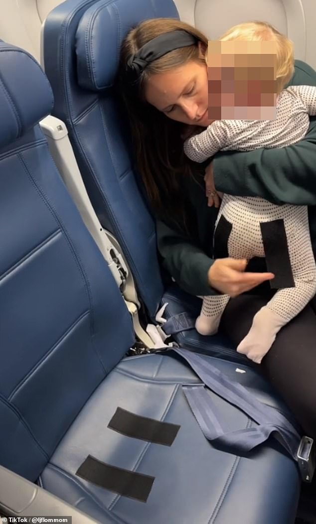 Lisa Flom, of Eden Prairie in Minneapolis, Minnesota, filmed herself gluing her youngest daughter to a plane seat