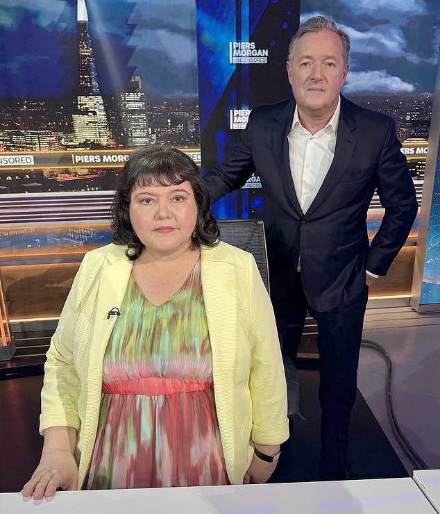 Fiona Harvey, the inspiration for Martha, pictured with Piers Morgan where she gave an explosive interview on his YouTube show Uncensored.