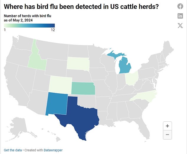 The map above shows states that have reported bird flu infections in livestock.