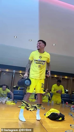 Jadon Sancho led the locker room celebrations after helping Borussia Dortmund reach the Champions League final