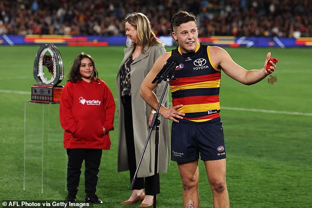 The 21-year-old was a clear choice for the Showdown Medal (pictured) after recording 28 disposals and 10 tackles in the Crows' surprise victory.