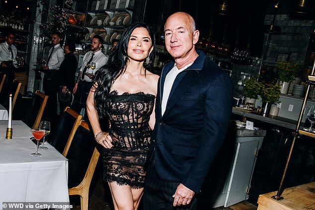 Lauren Sánchez stepped out with her fiancé Jeff Bezos at a party before the annual Met Gala, wearing a skimpy black number in the wake of Anna Wintour's criticism of her fashion sense.