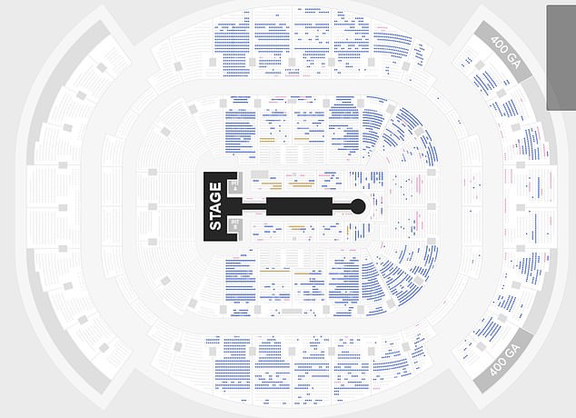 Earlier this month, DailyMail.com revealed that J.Lo was struggling to sell tickets for several of her tour dates, including Miami on June 29 (blue seats are those that were not sold until May 3). .