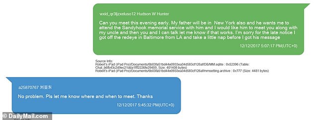 On December 12, 2017, Hunter wrote on the Chinese messaging app WeChat to Liu Yadong, a senior executive at Chinese oil giant CEFC, to arrange a meeting with his father. 