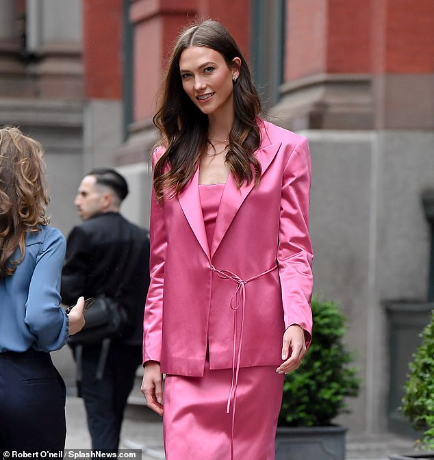 The pink ensemble featured a small tie cord.