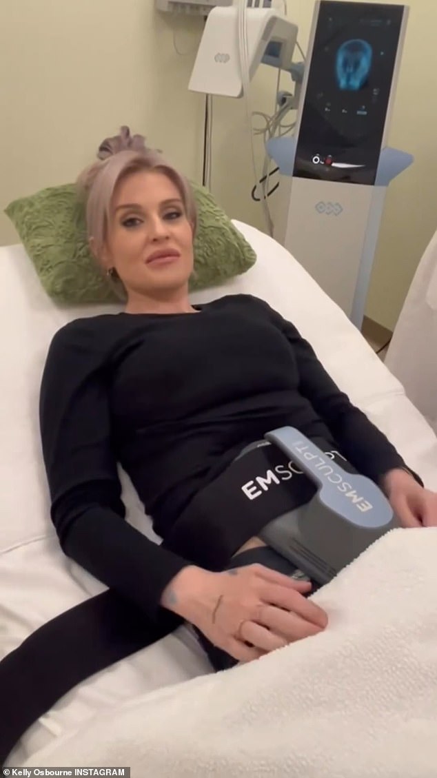 She wrote in the caption: 'It's time for this mom to get up and tone up, without lifting a finger! She had no idea how much I would love @Emscultneo – the perfect body solution to tighten sagging skin after rapid weight loss.