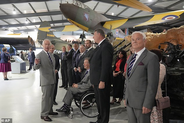 King Charles III meets staff members and their families at the Army Aviation Center today