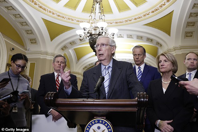 Senate Minority Leader Mitch McConnell, R-Ky., (center), flanked by other Republican leaders (left to right), Sens. Steve Daines, R-Mont., John Thune, R.N.D., and Shelley Moore Capito, RW. V., have repeatedly stated that they are working to secure a Republican majority in the Senate in November.