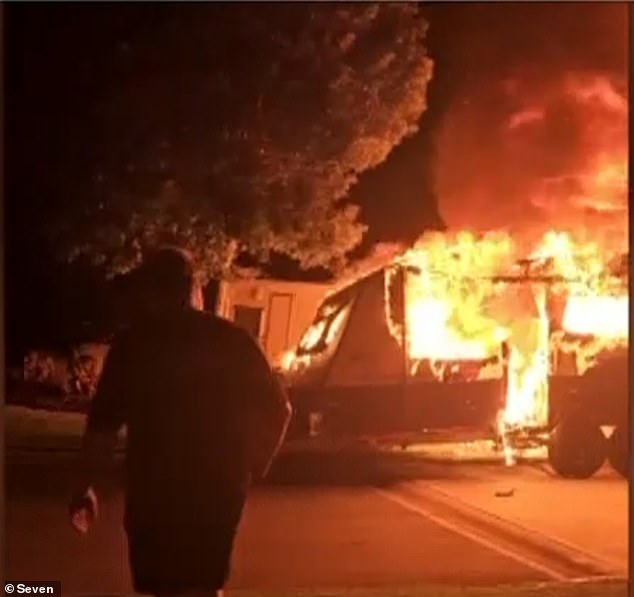 The fire is suspected to have been caused by lithium batteries inside the van. Parked motorhome threatening nearby homes on Gold Coast