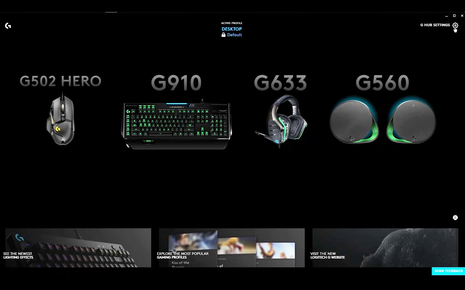 Screenshot of the program that manages a set of electronic devices including headphones, keyboard and computer mouse