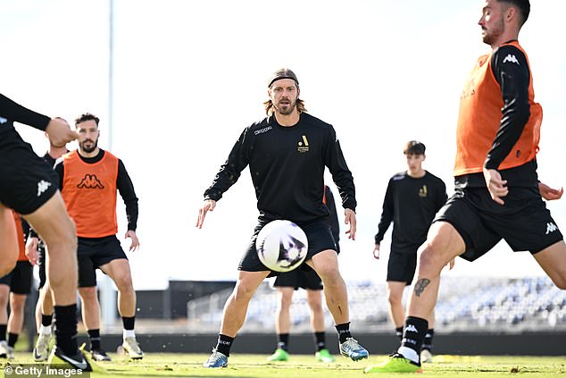 Brattan (pictured middle) will be joined by the likes of Socceroos star Mat Leckie (left) and youngster Nestory Irankunda in the clash against the Magpies.