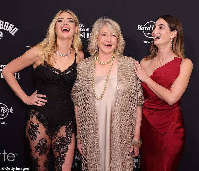 The Martha Stewart Living mogul posed on the red carpet with fellow SI models Kate Upton and Lily Aldridge. Upton, 31, appears on one of four covers this year, in addition to Gayle King, Chrissy Teigen and Hunter McGrady.