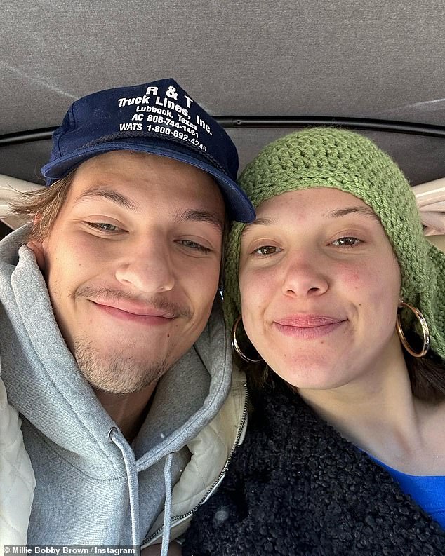 Millie Bobby Brown, 20, welcomed another member to her little family on Saturday after revealing that she had inadvertently started pregnancy rumors about herself (pictured with fiancé Jake Bon Jovi).