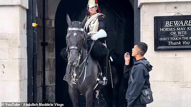 The prankster was filmed harassing members of the Royal Guard outside the Royal Cavalry Museum in Whitehall in London.