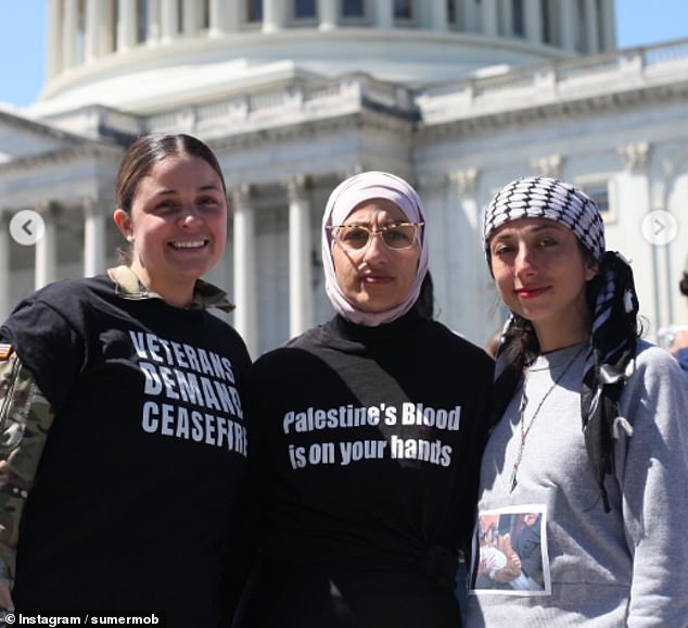 Sumer Mobarak (center), a Palestinian-American who frequently ambushes lawmakers on the issue, claims a congressman assaulted her when he turned off her phone while she was harassing him about Gaza at the U.S. Capitol (pictured outside).