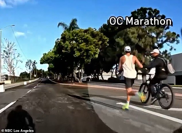 Orange County Marathon winner Esteban Prado (left) in California was disqualified for accepting water from his father during the race (right).