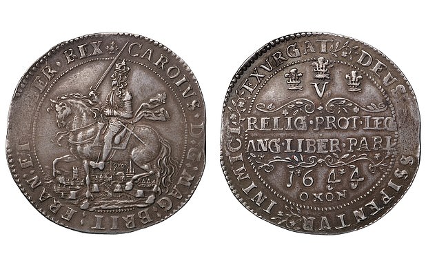 The Oxford Crown was minted in 1644 and shows King Charles I at the Battle of Oxford during the English Civil War.