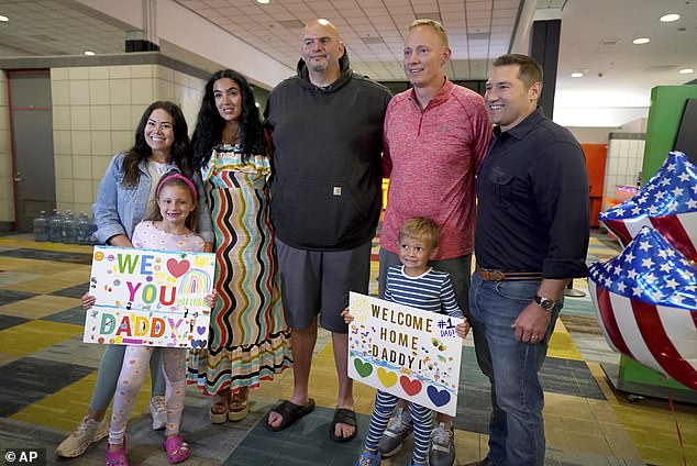 Hagerich, who received a 52-week suspended sentence and a $6,700 fine after pleading guilty, is the first of four other Americans detained in the Turks and Caicos Islands (Bryan, second from right, with his children Caroline, 6 years, and Palmer, 4, his wife, Ashley, Gisele Fetterman, her husband, Sen. John Fetterman, D-Pa., and Rep. Guy Reschenthaler, R-Pa.)