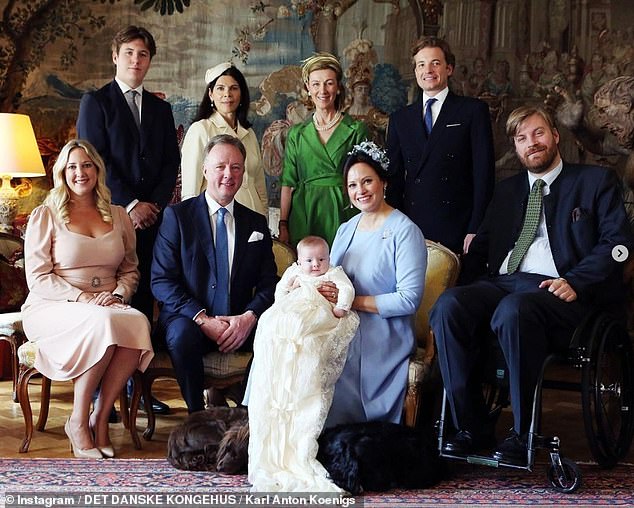 The baptism of his first child last year. In the photo, from left to right: Christian, Ellen Hillingsø, Arabella Gaggero, Prince Franz-Albrecht and Prince Carl-Anton. Pictured, seated from left to right: Princess Theodora of Greece, Prince Gustav, Prince Gustav Albrecht and Princess Carina.