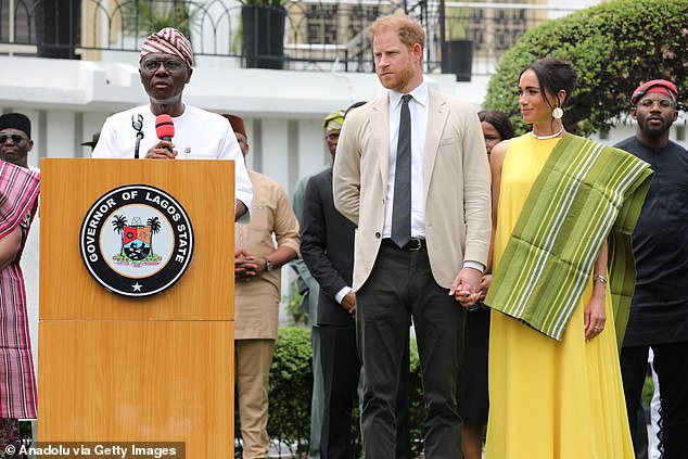 Prince Harry and Meghan Markle visit the governor's office of Lagos State in Nigeria on May 12